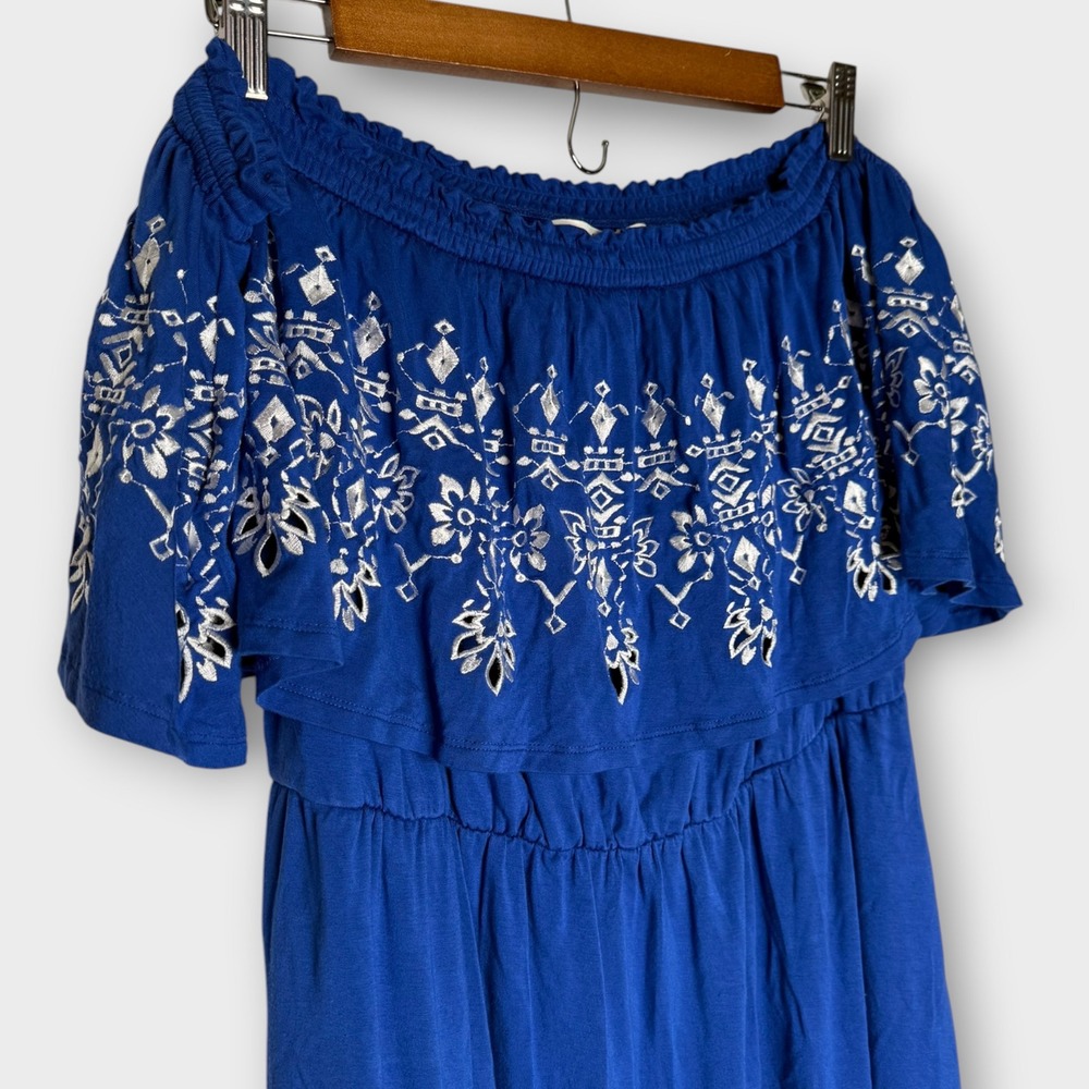 New Soma Blue Embroidered Off the Shoulder Summer Dress Ruffle Resort Pockets XL - Picture 2 of 5
